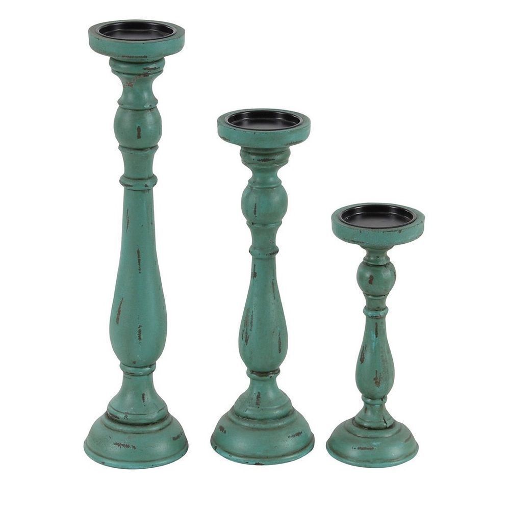 Pier 1 Imports Traditional Turquoise Wood Set of 3 Candle Holders